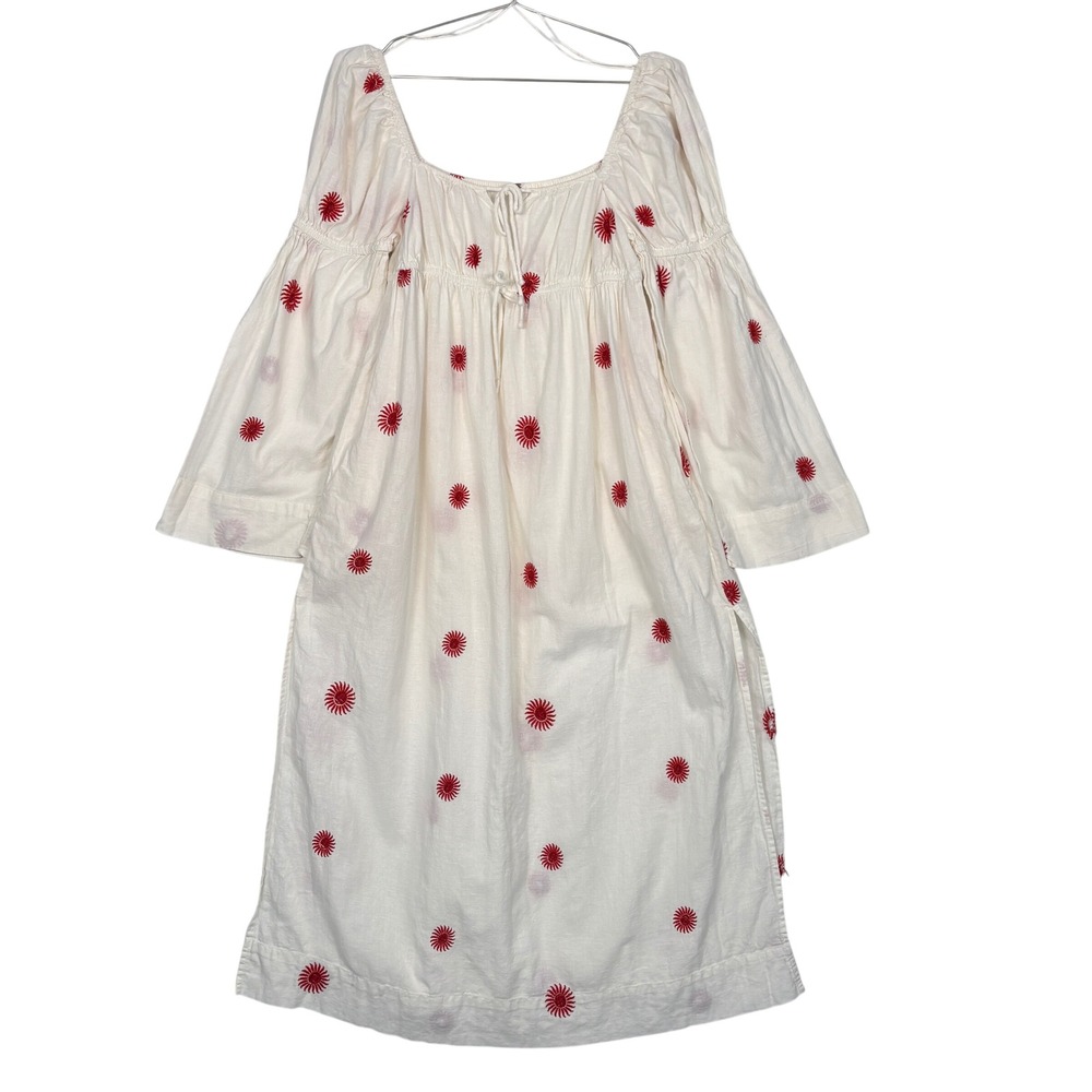 Free People Women Dress S Ivory Red Embroidered Sunburst Cotton‎ Linen Midi